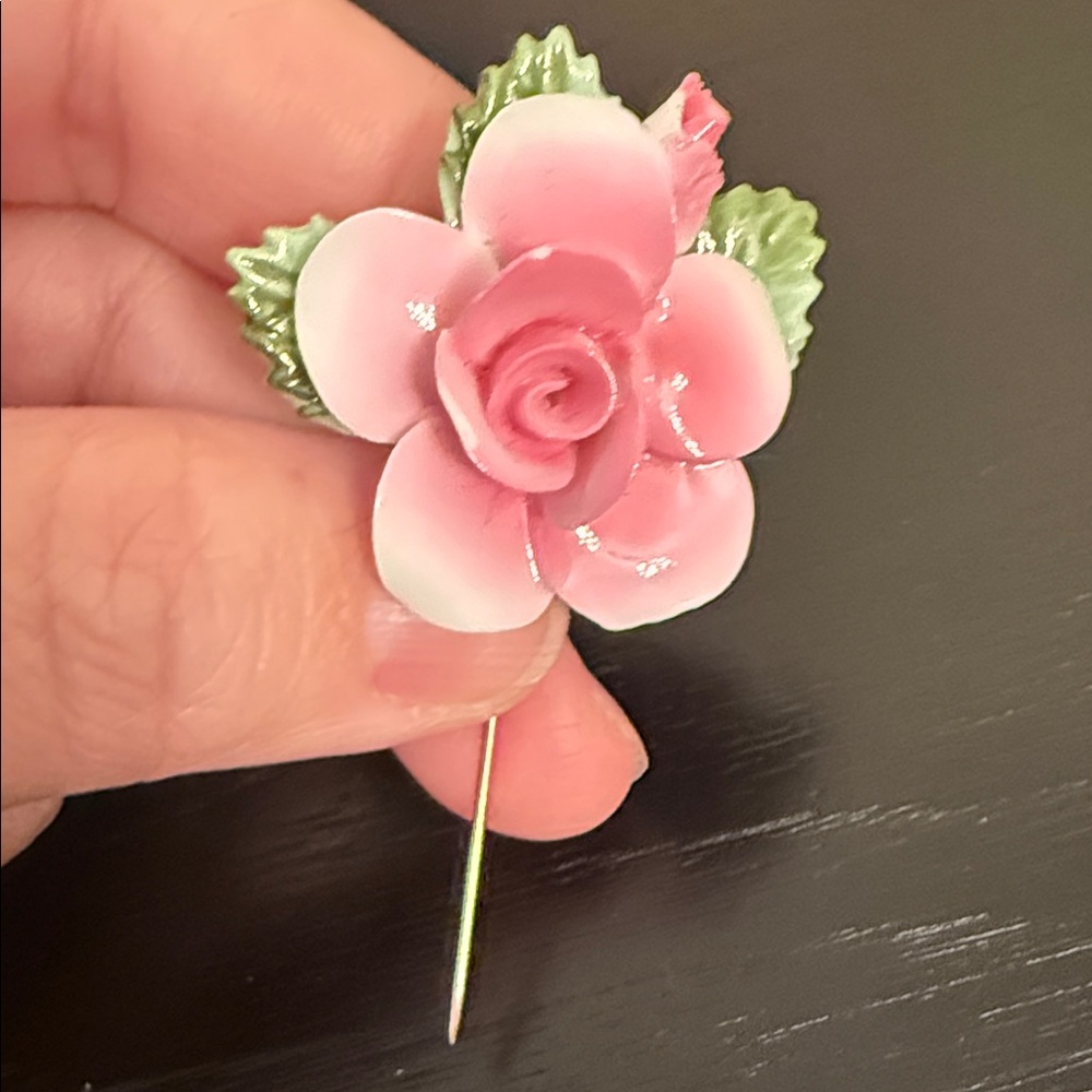 vintage fine bone china floral stick pin brooch, a pink rose